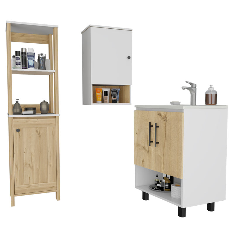 Combo Bicolor, Blanco y Duna, incluye mueble lavamanos, optimizador alto y mueble botiquin