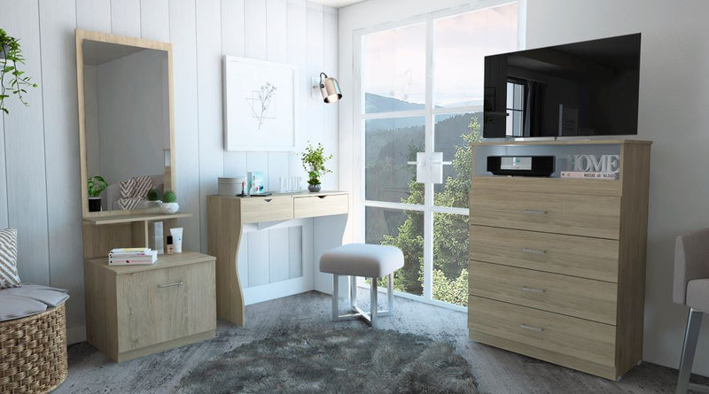 Combo Perla, Rovere y Blanco, incluye mueble de tocador, cómoda y velador con espejo