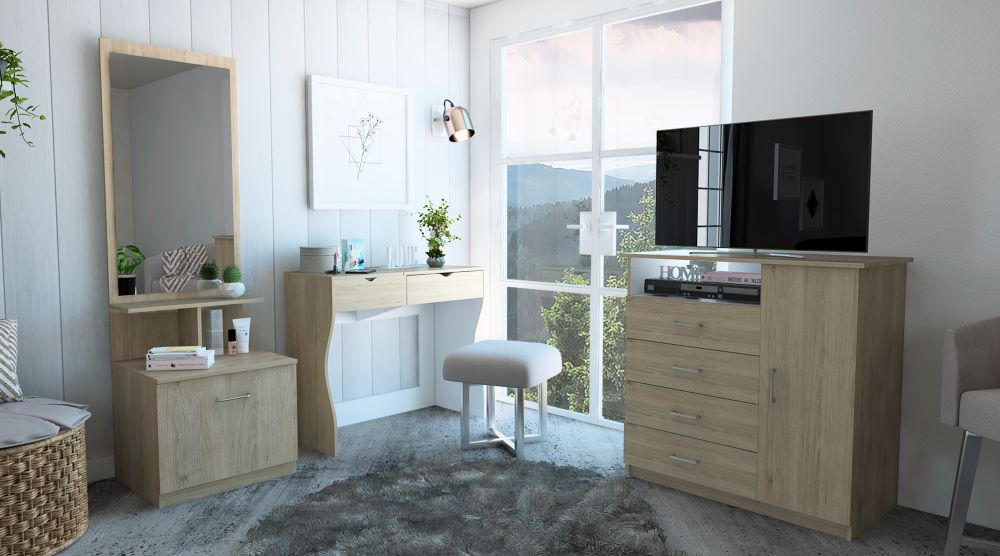 Combo Perla, Rovere y Blanco, incluye mueble de tocador, cómoda y velador con espejo