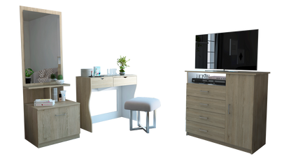Combo Perla, Rovere y Blanco, incluye mueble de tocador, cómoda y velador con espejo