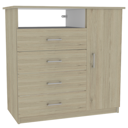 Combo Perla, Rovere y Blanco, incluye mueble de tocador, cómoda y velador con espejo