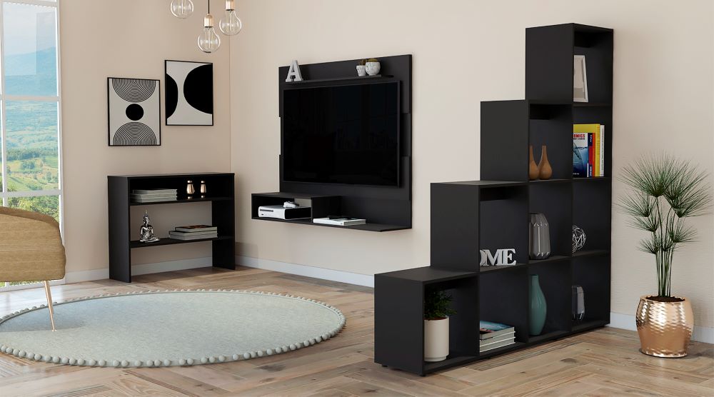 Combo Beijing, Wengue, incluye arrimo, panel TV y biblioteca escalera (vista 2)