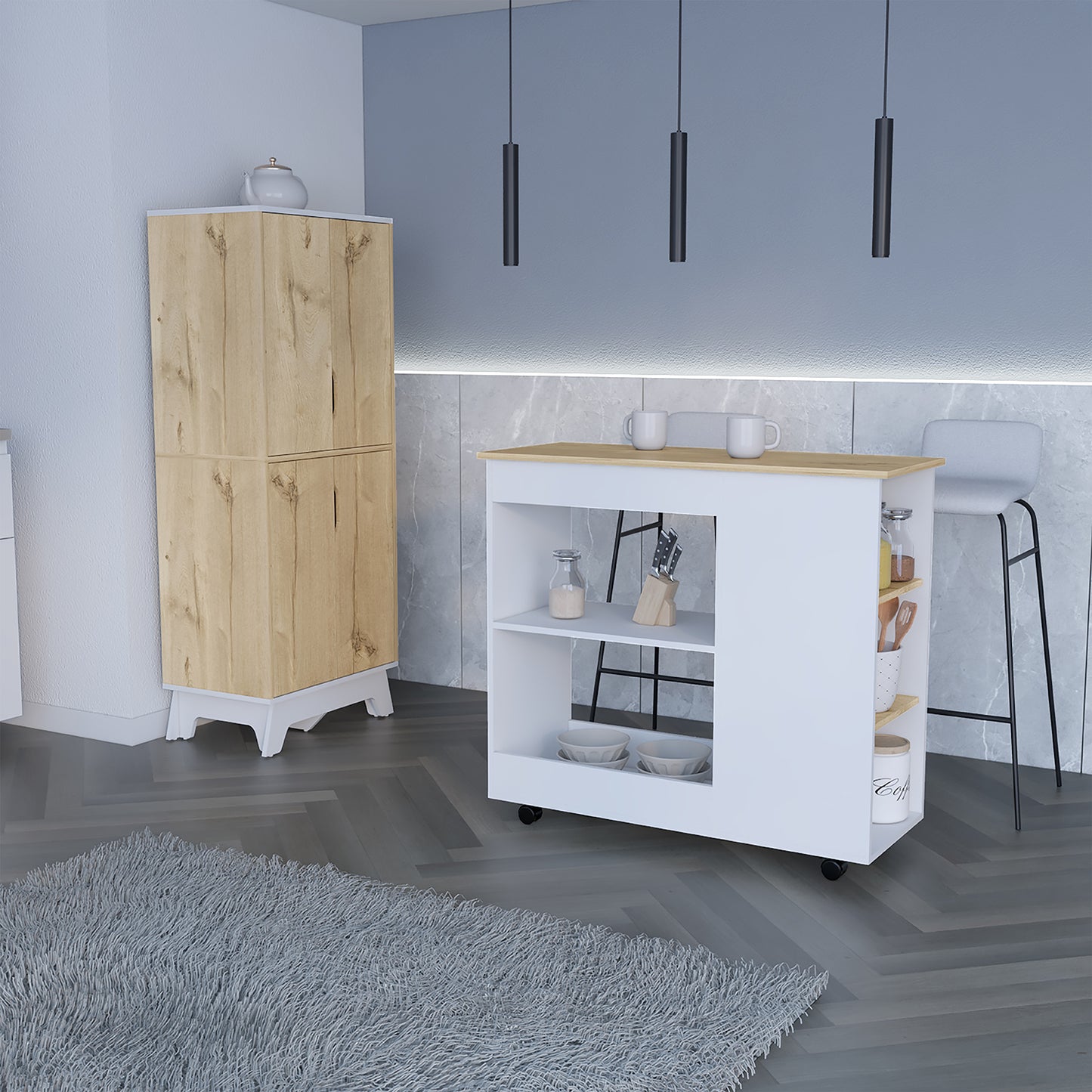 Combo Bicolor, Blanco y Duna, incluye meson de cocina con ruedas y alacena de cocina