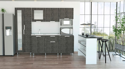 Combo Fendi, Roble Gris y Wengue y Blanco, incluye mueble inferior, superior, alacena, mueble microondas y barra