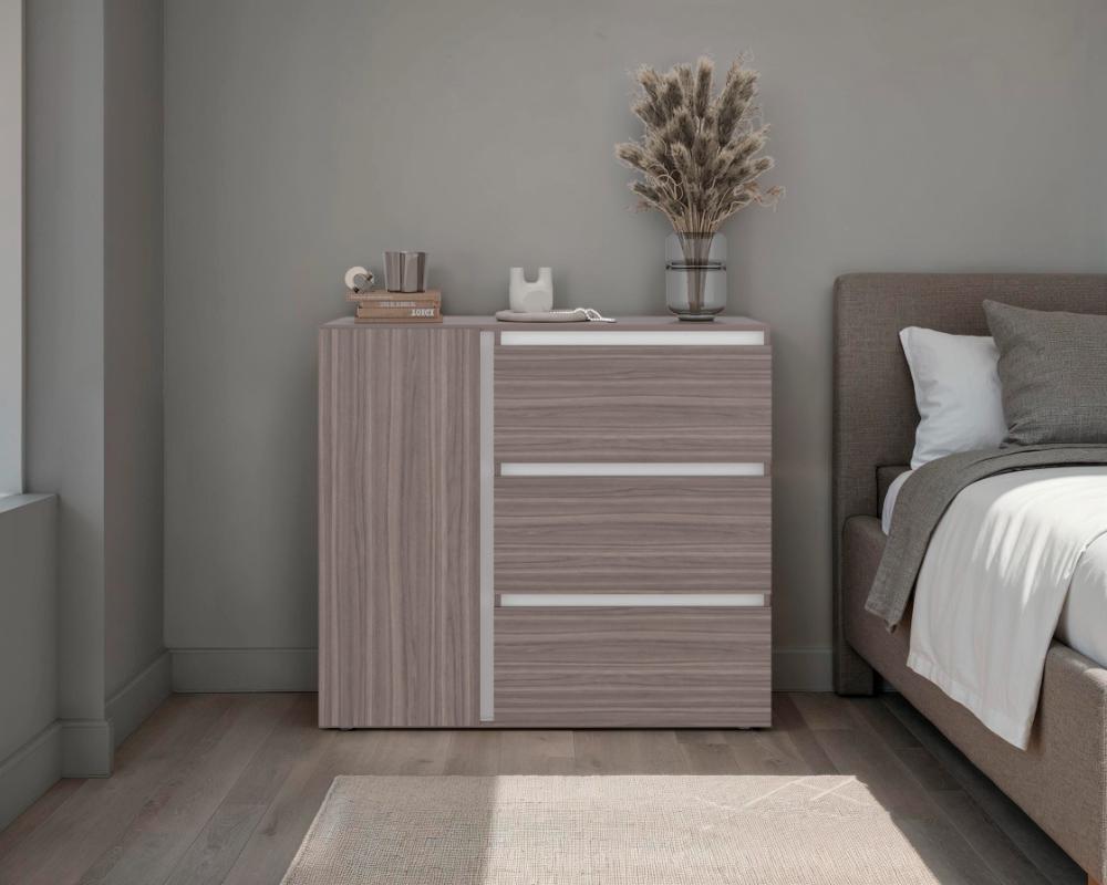 Comoda Niza Una Puerta Tres Cajones, Avellana / Blanco
