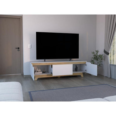 Rack Tv 80" Woodall Dos Puertas Un Cajon, Color Blanco Y Fresno