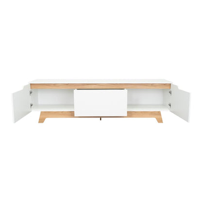 Rack Tv 80" Woodall Dos Puertas Un Cajon, Color Blanco Y Fresno