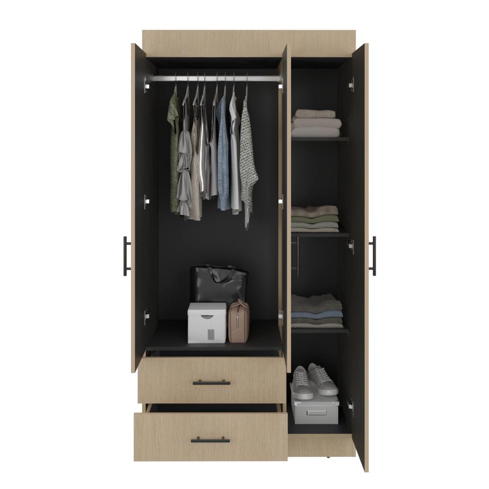 Clóset Houston , Cartagena y Wengue , con Tres Puertas Batientes y Dos Cajones con Amplio Espacio de Almacenamiento