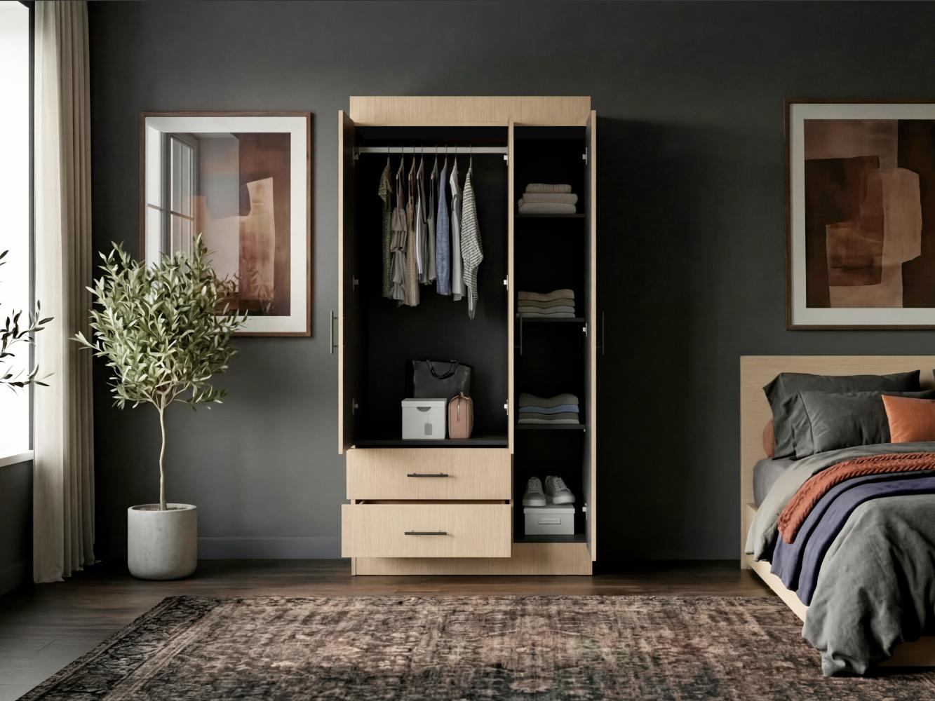 Clóset Houston , Cartagena y Wengue , con Tres Puertas Batientes y Dos Cajones con Amplio Espacio de Almacenamiento