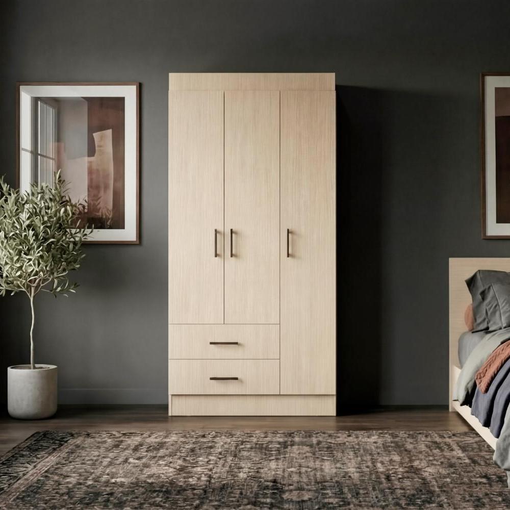 Clóset Houston , Cartagena y Wengue , con Tres Puertas Batientes y Dos Cajones con Amplio Espacio de Almacenamiento