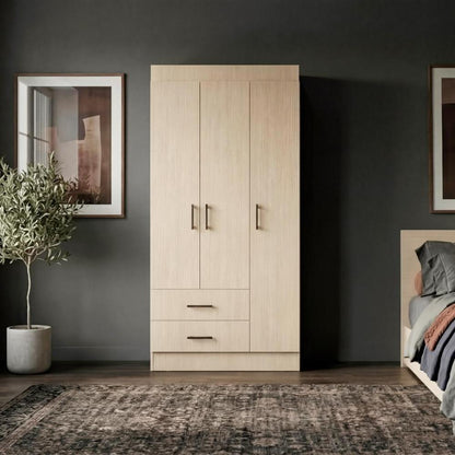 Clóset Houston , Cartagena y Wengue , con Tres Puertas Batientes y Dos Cajones con Amplio Espacio de Almacenamiento