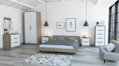 Combo Kaia, Miel y Blanco, incluye base cama, closet con dos puertas, cómodas y dos veladores