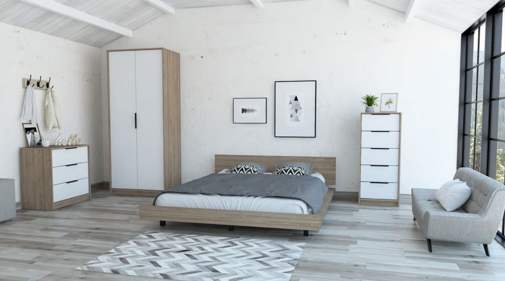 Combo Kaia, Miel y Blanco, incluye base cama, closet con dos puertas y cómodas