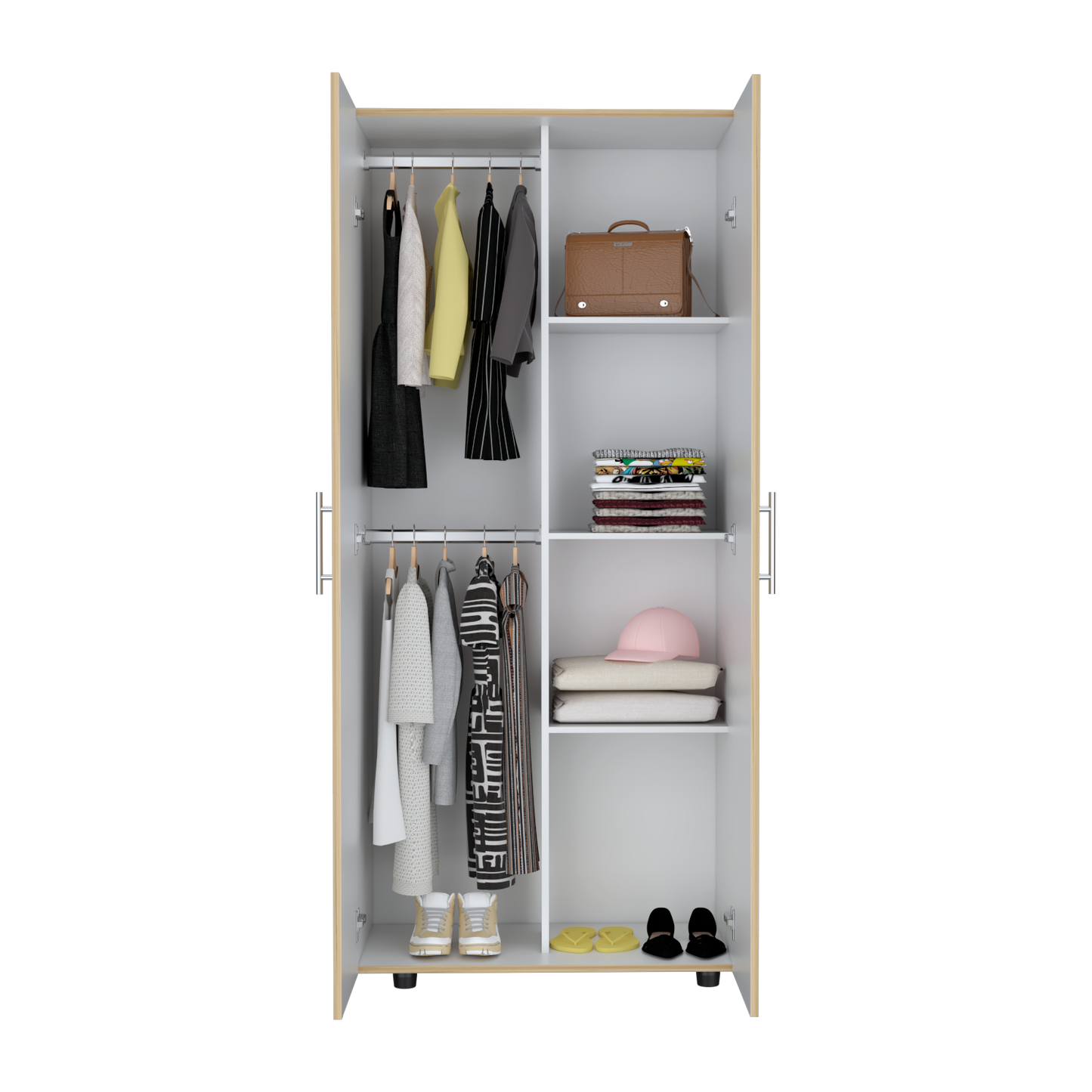 Closet Tera, Duna  y Blanco Vainilla, Dos Puertas Abatibles y Dos Tubos Cromados