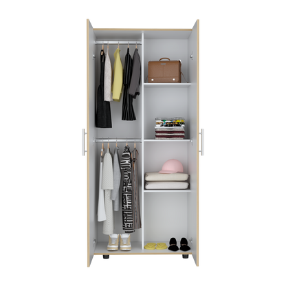 Closet Tera, Duna  y Blanco Vainilla, Dos Puertas Abatibles y Dos Tubos Cromados