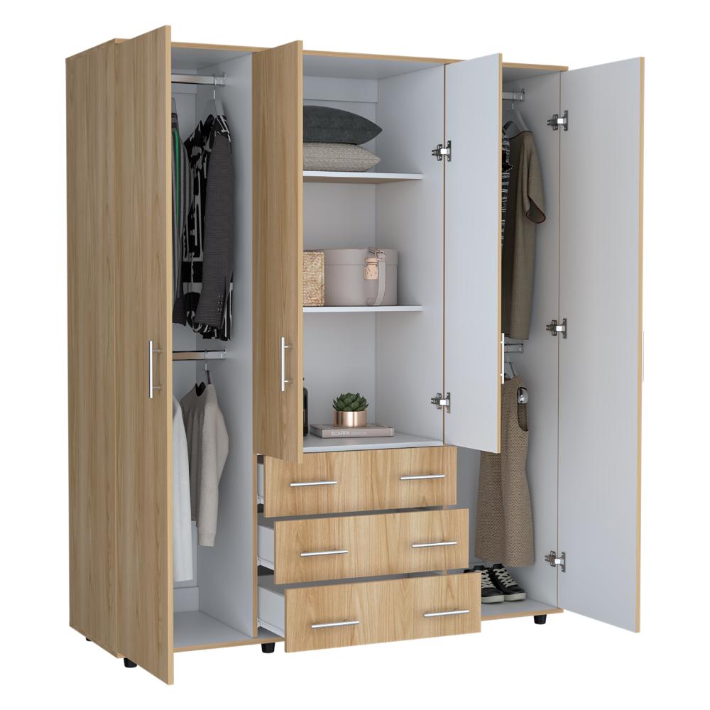Closet Fontana, Fresno Europeo y Blanco, con Cuatro Tubos Para Colgar Ropa y Zapatero En La Parte Inferior