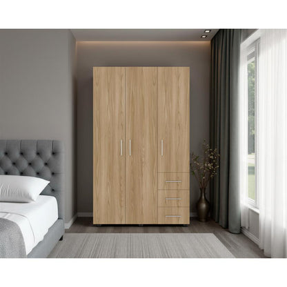 Closet Alen, Fresno Europeo Y Blanco Duqueza, Con tres puertas abatibles, tres cajones y dos tubos cromados