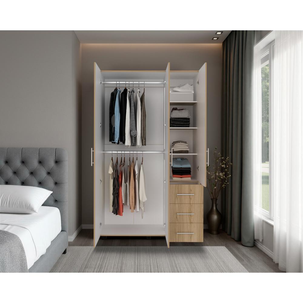 Closet Alen, Fresno Europeo Y Blanco Duqueza, Con tres puertas abatibles, tres cajones y dos tubos cromados