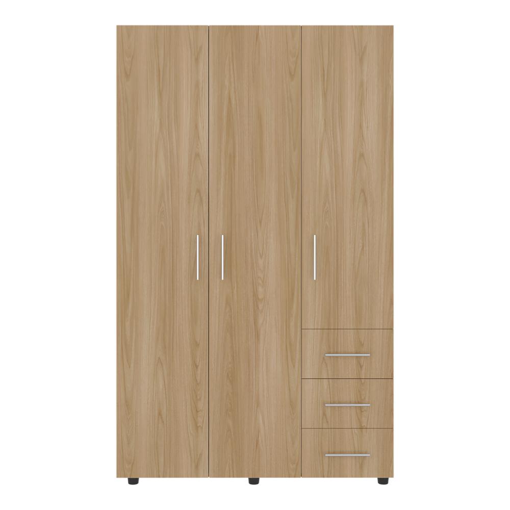 Closet Alen, Fresno Europeo Y Blanco Duqueza, Con tres puertas abatibles, tres cajones y dos tubos cromados