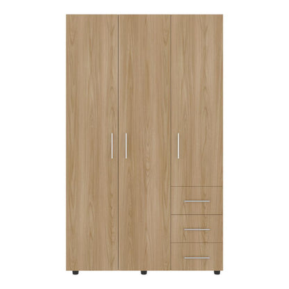 Closet Alen, Fresno Europeo Y Blanco Duqueza, Con tres puertas abatibles, tres cajones y dos tubos cromados