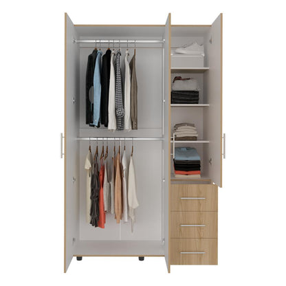 Closet Alen, Fresno Europeo Y Blanco Duqueza, Con tres puertas abatibles, tres cajones y dos tubos cromados
