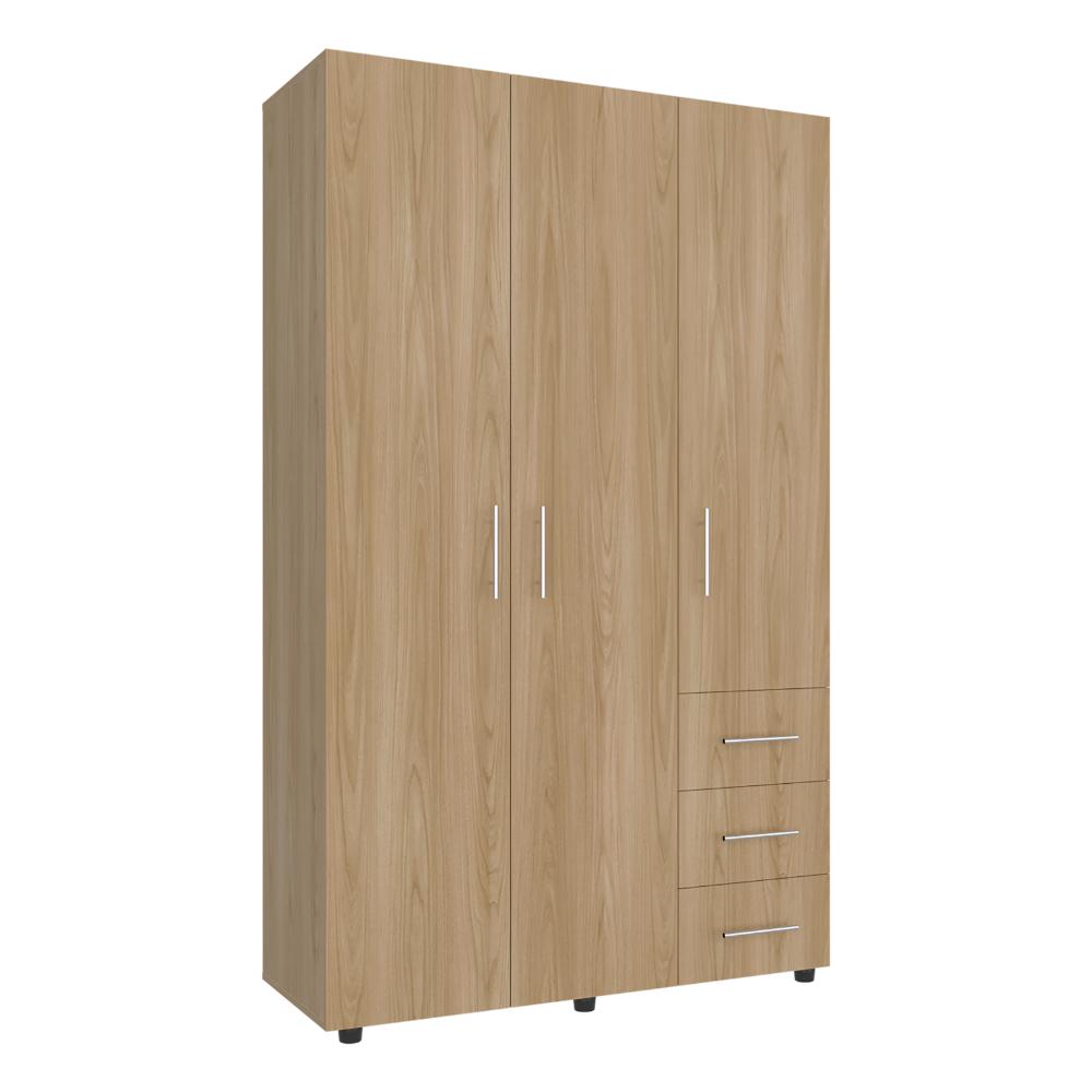 Closet Alen, Fresno Europeo Y Blanco Duqueza, Con tres puertas abatibles, tres cajones y dos tubos cromados