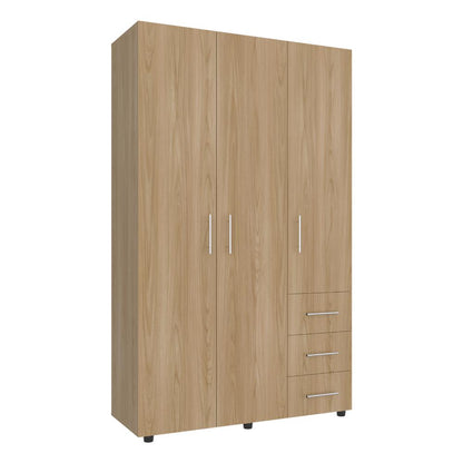 Closet Alen, Fresno Europeo Y Blanco Duqueza, Con tres puertas abatibles, tres cajones y dos tubos cromados