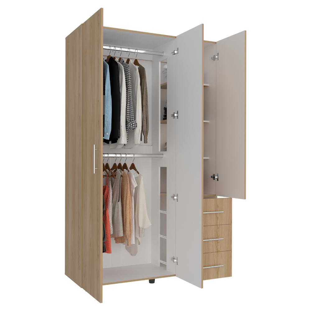 Closet Alen, Fresno Europeo Y Blanco Duqueza, Con tres puertas abatibles, tres cajones y dos tubos cromados