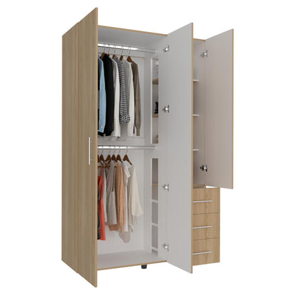 Closet Alen, Fresno Europeo Y Blanco Duqueza, Con tres puertas abatibles, tres cajones y dos tubos cromados