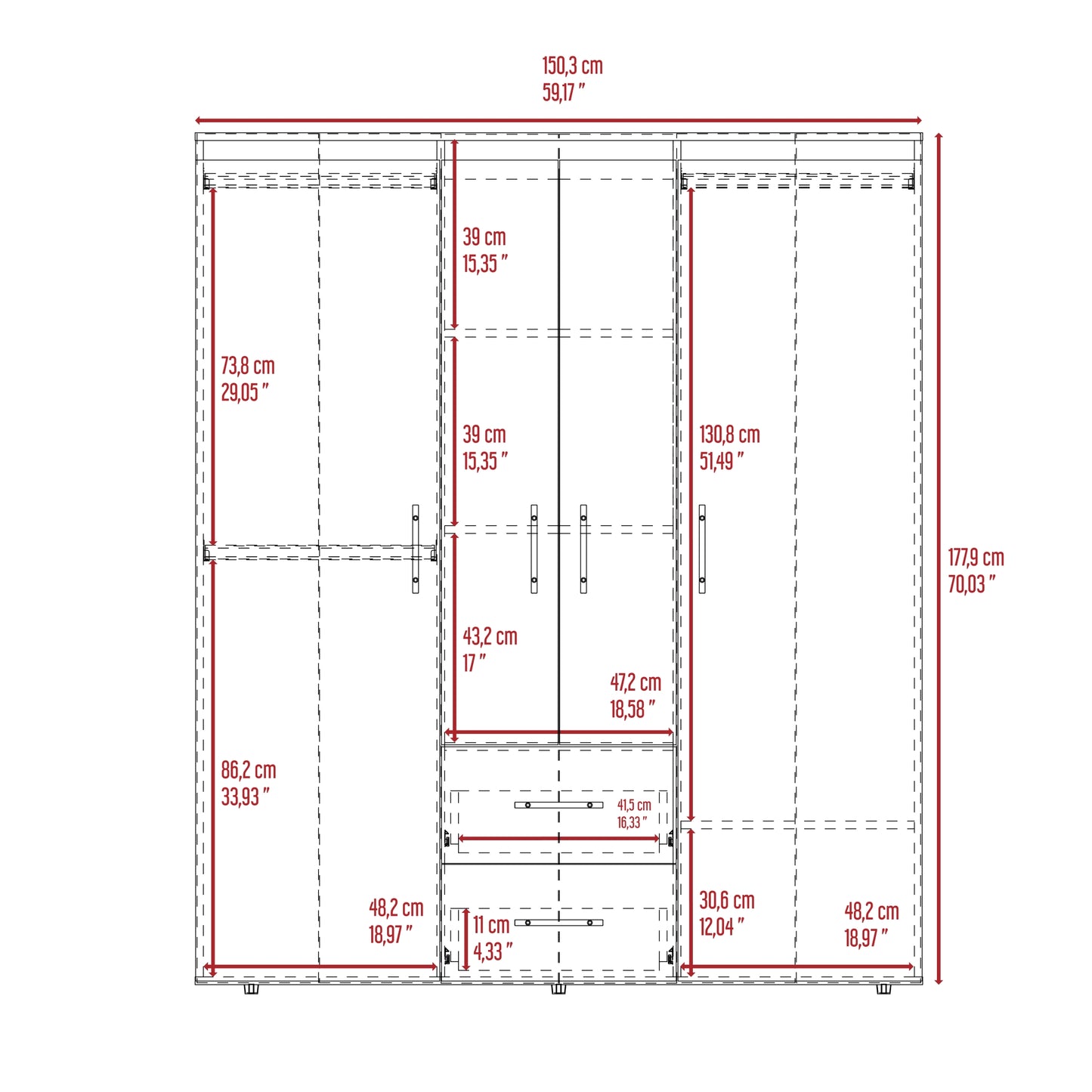 Closet Bariloche Bombay Eco, Nogal Europeo y Wengue , con Variedad de Entrepaños y Cuatro Puertas Abatibles