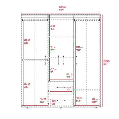 Closet Bariloche Bombay Eco, Nogal Europeo y Wengue , con Variedad de Entrepaños y Cuatro Puertas Abatibles