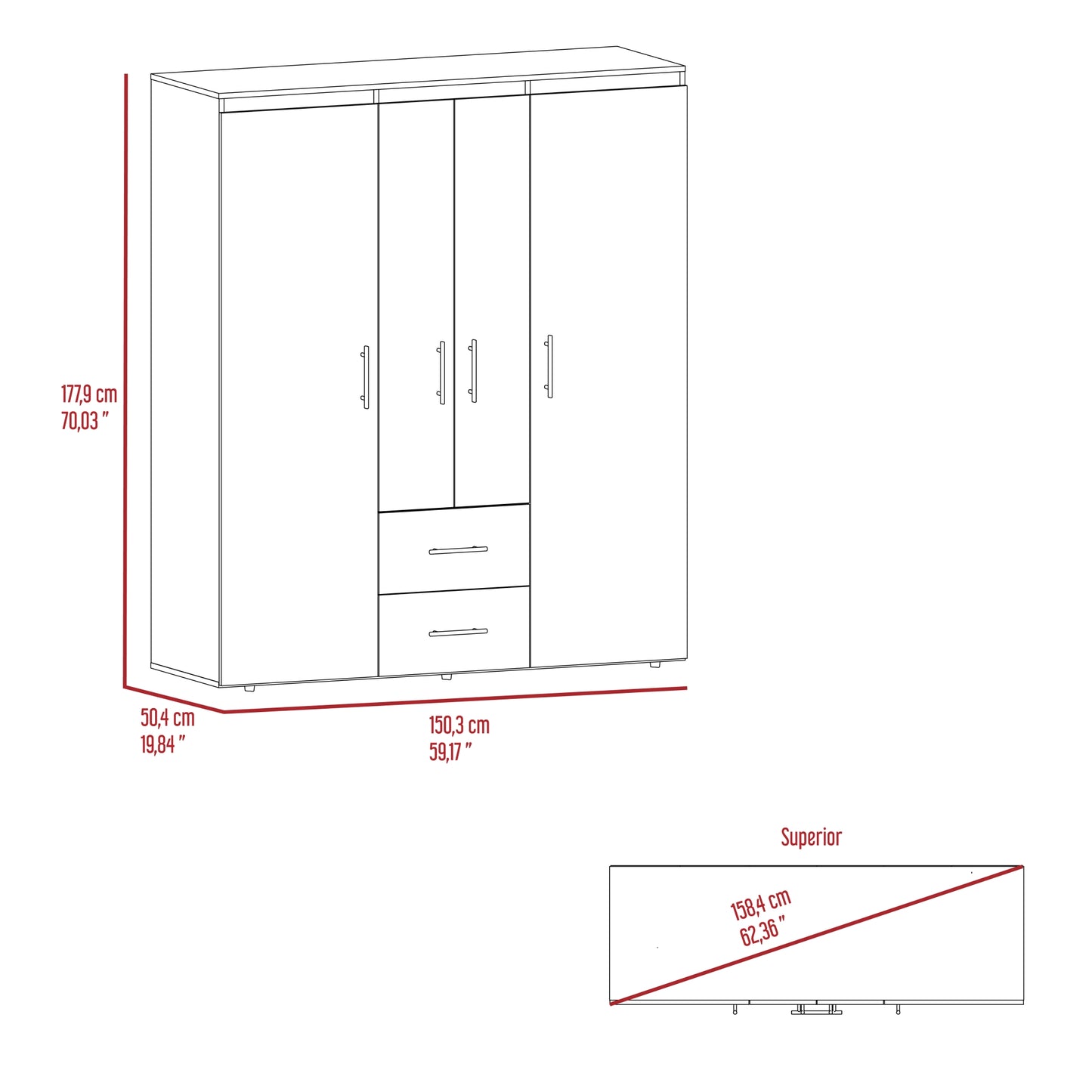 Closet Bariloche Bombay Eco, Nogal Europeo y Wengue , con Variedad de Entrepaños y Cuatro Puertas Abatibles