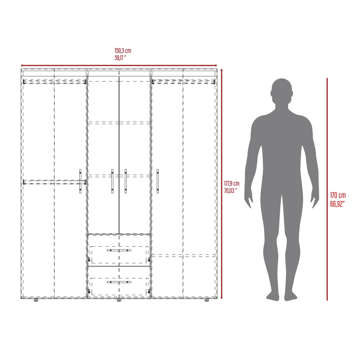Closet Bariloche Bombay Eco, Nogal Europeo y Wengue , con Variedad de Entrepaños y Cuatro Puertas Abatibles