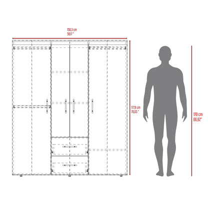 Closet Bariloche Bombay Eco, Nogal Europeo y Wengue , con Variedad de Entrepaños y Cuatro Puertas Abatibles