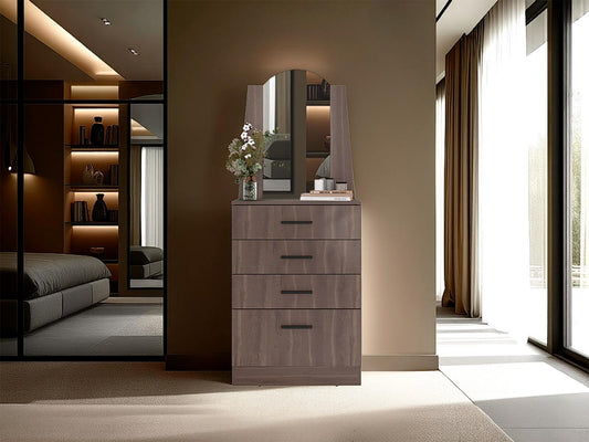 Comoda Con Espejo Tres Cajones Una Puerta, Café Oscuro