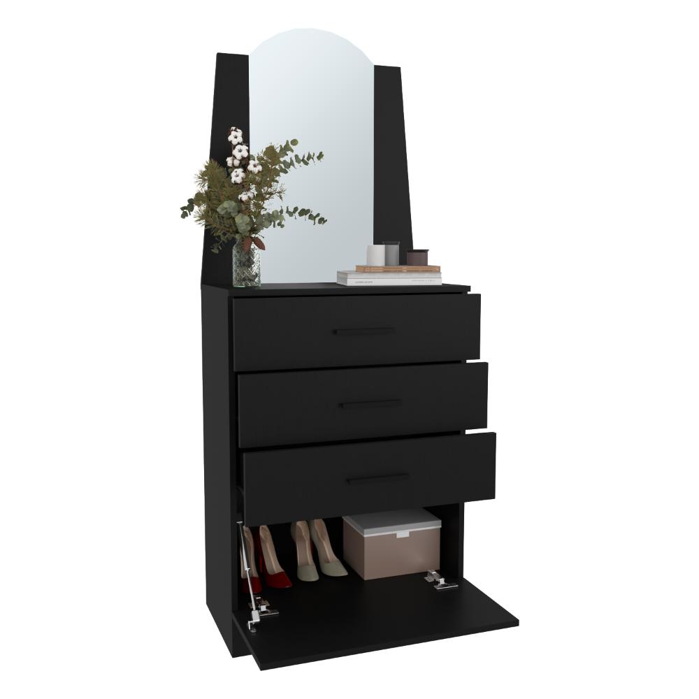 Comoda Con Espejo Tres Cajones Una Puerta, Negro