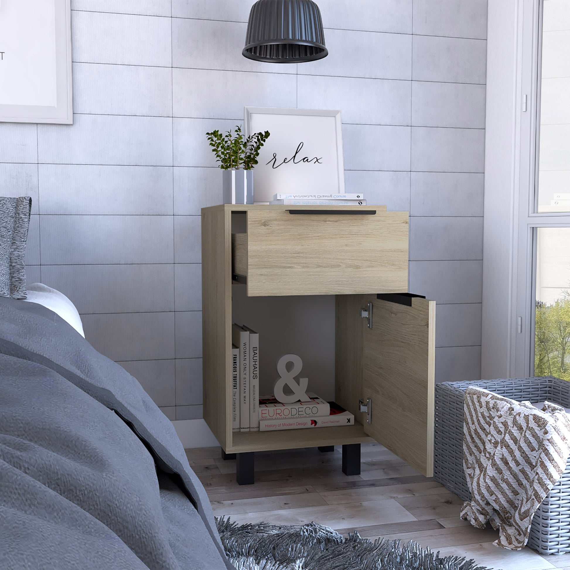 Velador Kaia Un Cajón Una Puerta,  Rovere y Blanco