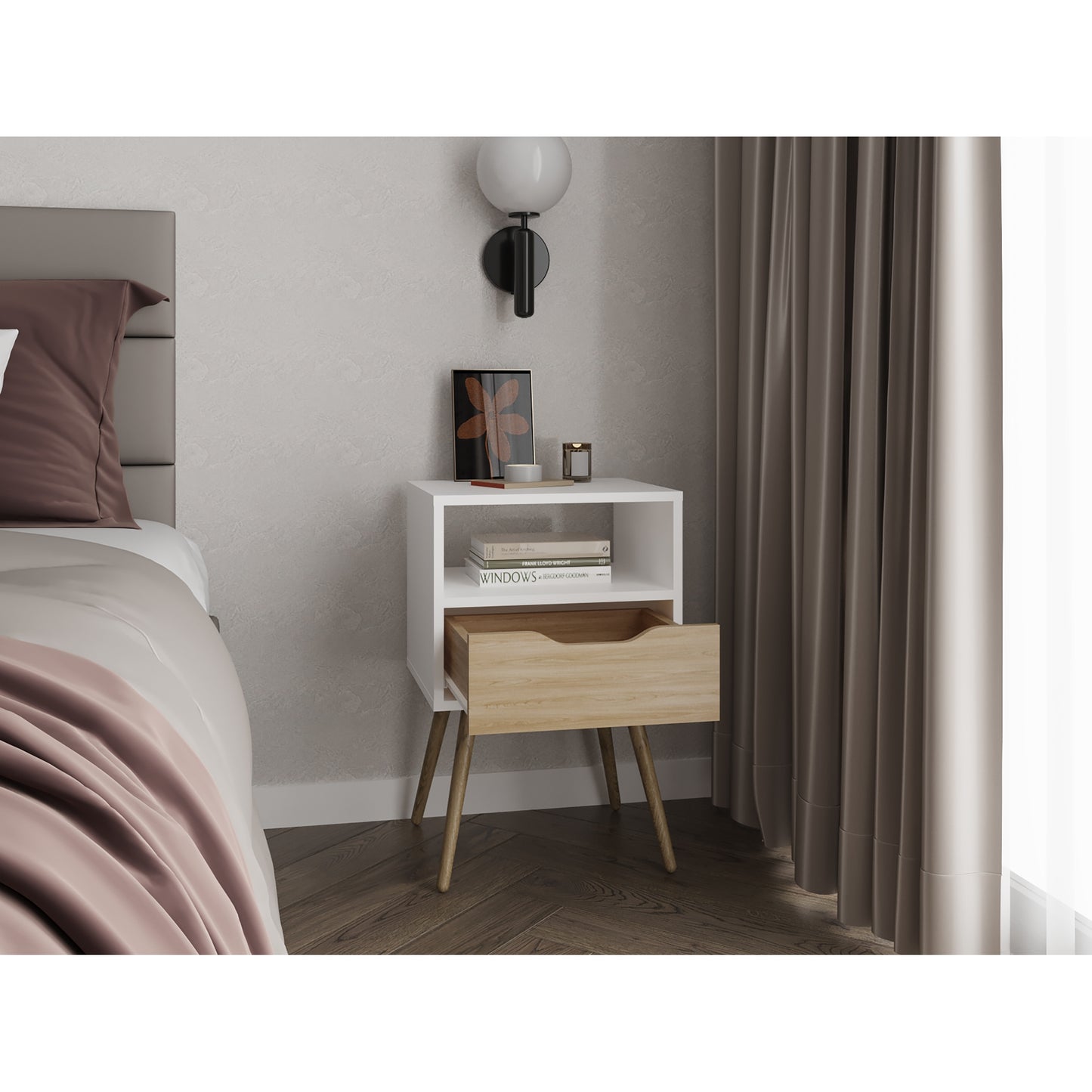 Velador Otom Un Cajón, Blanco y Rovere
