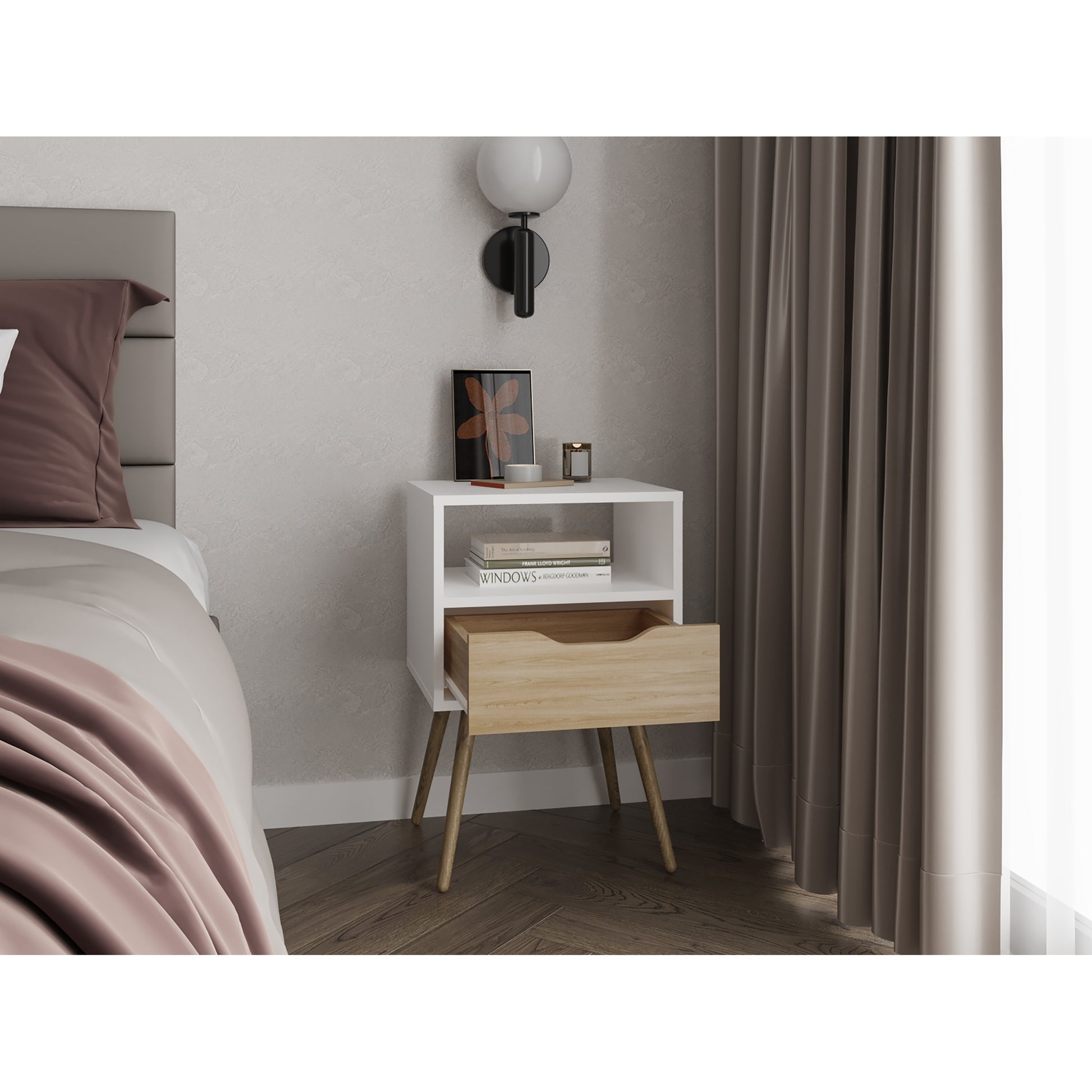 Velador Otom Un Cajón, Blanco y Rovere