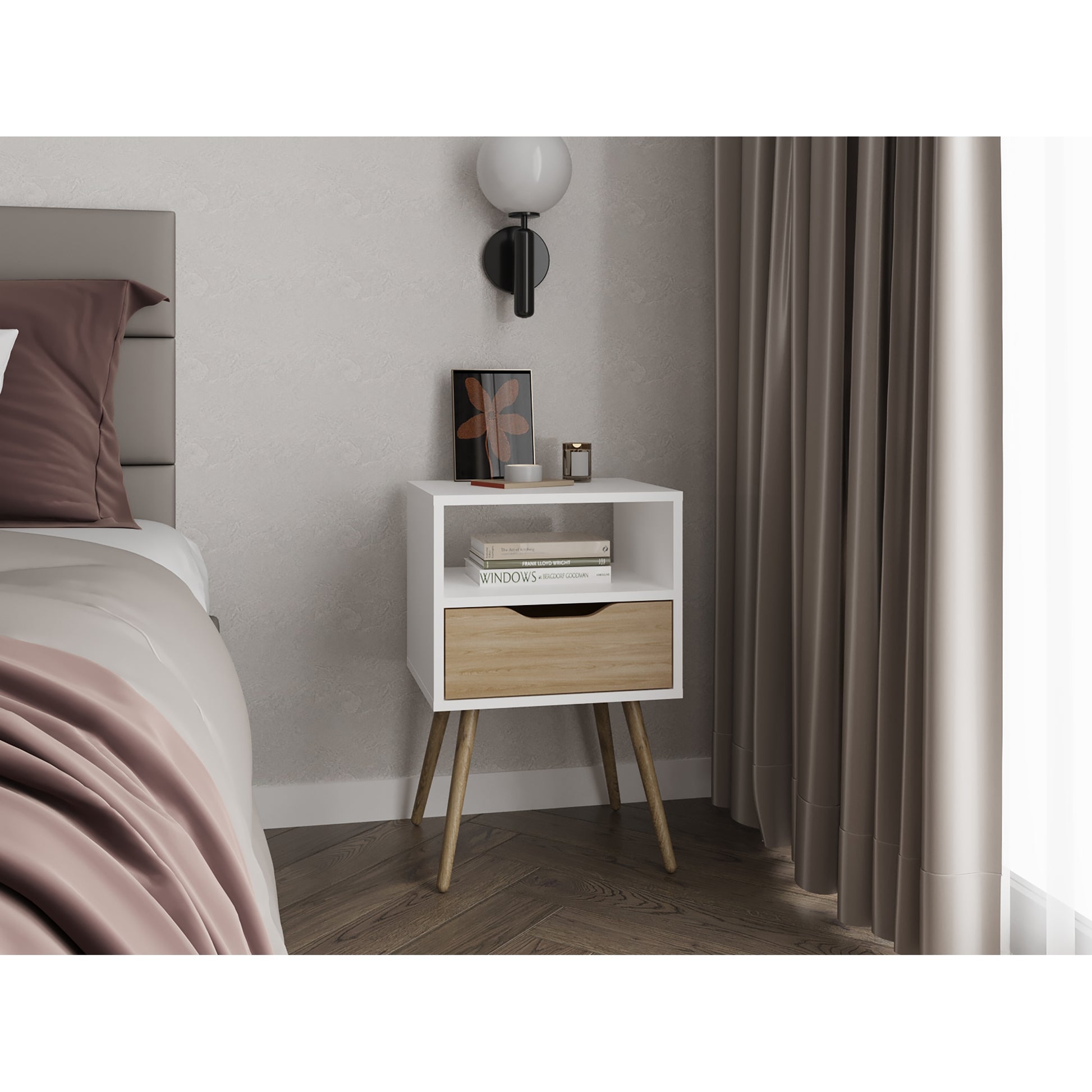 Velador Otom Un Cajón, Blanco y Rovere