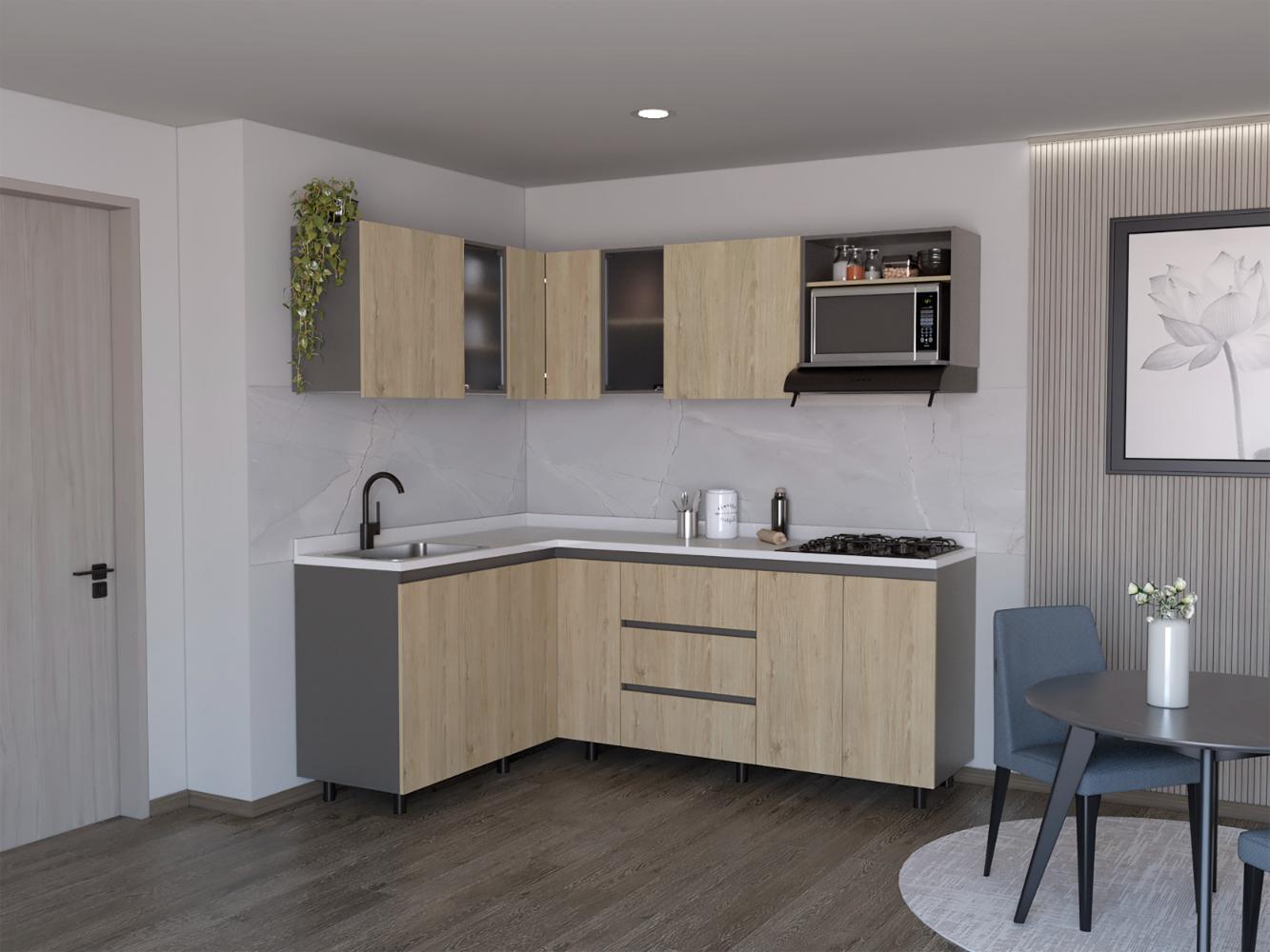 Cocina Integral en L Londres, Plata Oscuro y Beige, No incluye Mesón