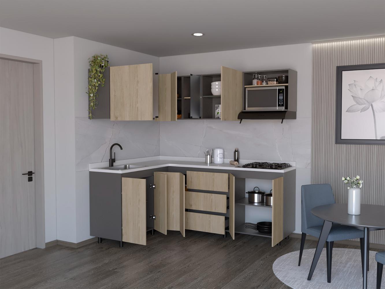 Cocina Integral en L Londres, Plata Oscuro y Beige, No incluye Mesón