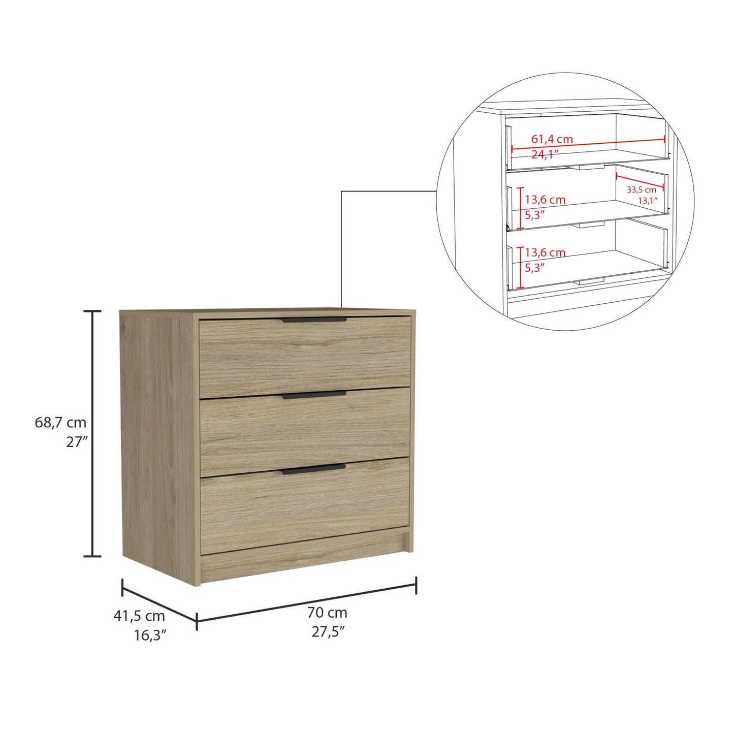Comoda Tres Cajones, FM Furniture 001C, Cafe Claro