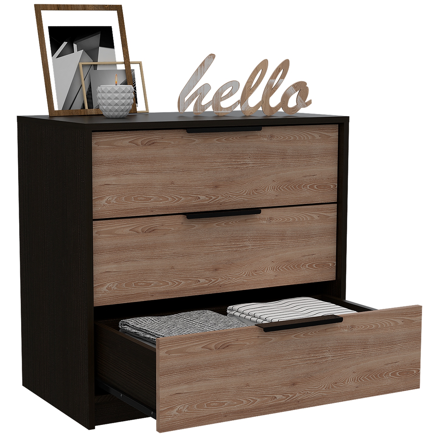 Comoda Tres Cajones, FM Furniture 001N, Negro Y Cafe Claro