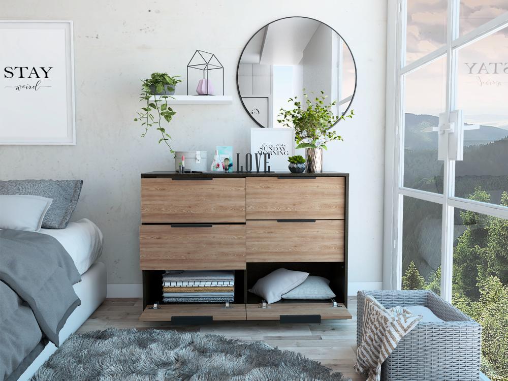 Comoda Cuatro Cajones Dos Puertas, FM Furniture 003N, Negro Y Cafe Claro