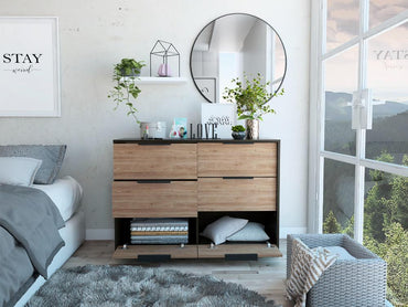 Comoda Cuatro Cajones Dos Puertas, FM Furniture 003N, Negro Y Cafe Claro