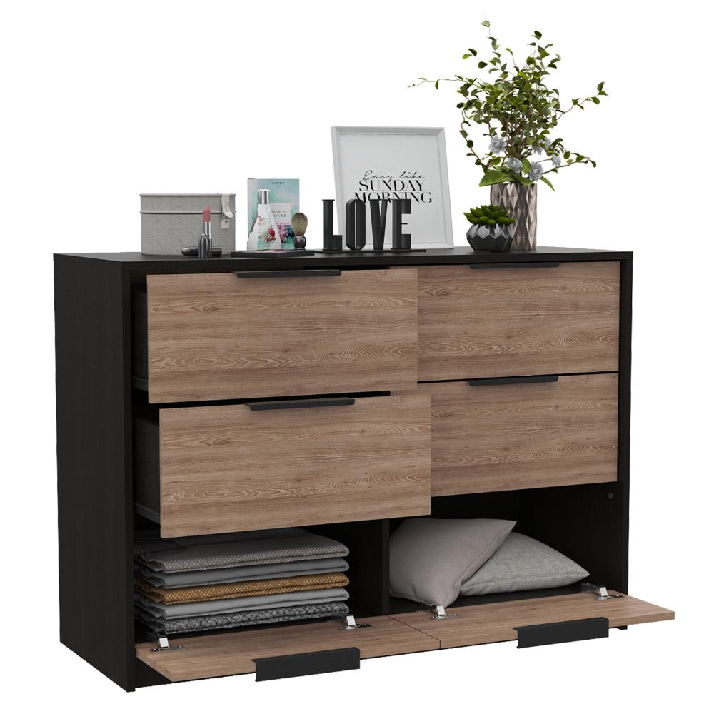Comoda Cuatro Cajones Dos Puertas, FM Furniture 003N, Negro Y Cafe Claro