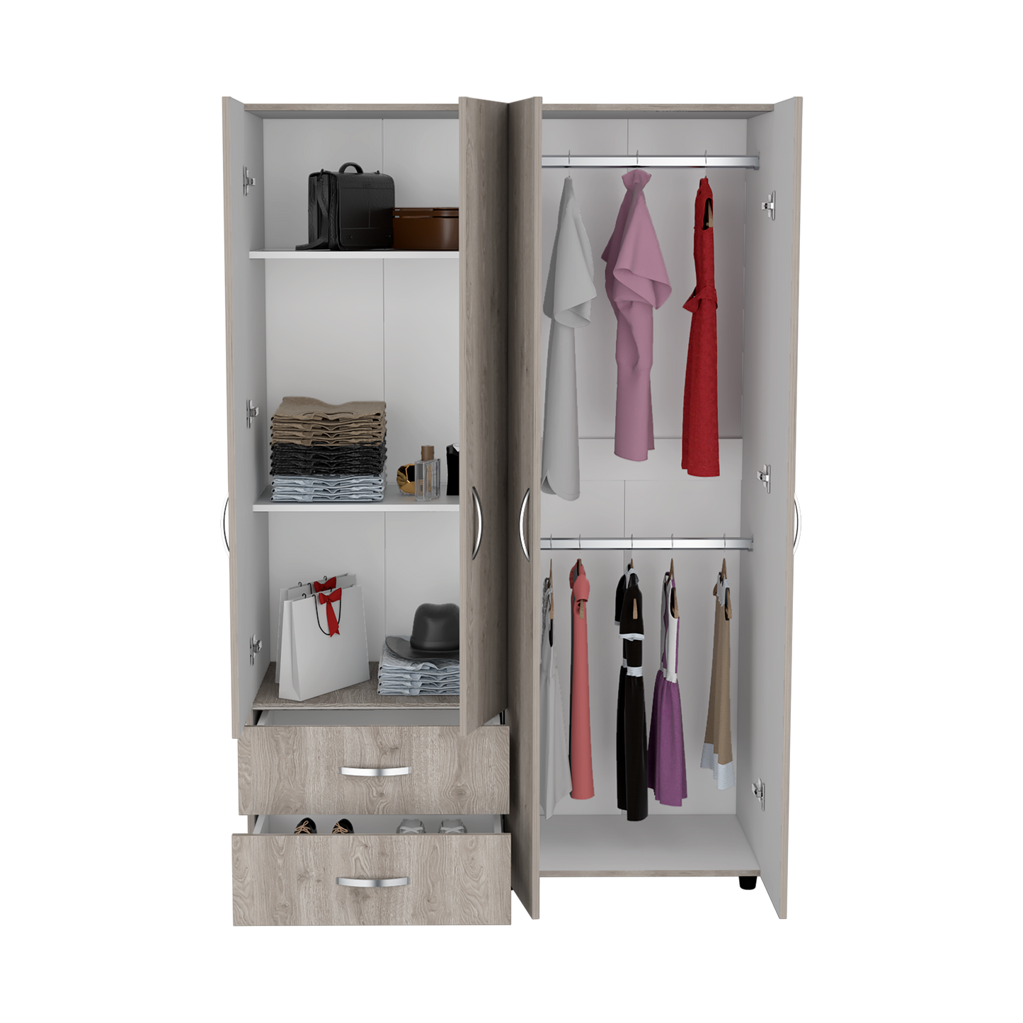 Closet Arkola, Humo y Blanco Duqueza, con Dos Cajones Organizadores y Cuatro Puertas Abatibles