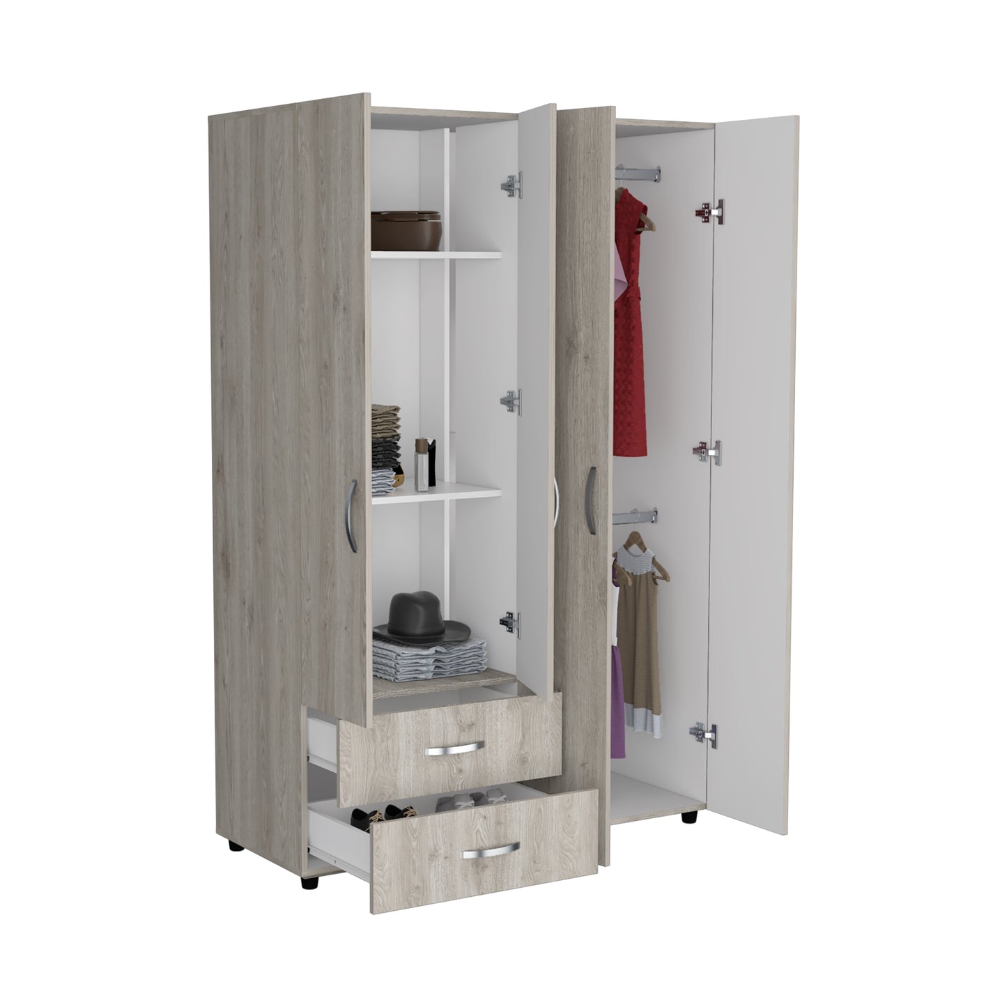 Closet Arkola, Humo y Blanco Duqueza, con Dos Cajones Organizadores y Cuatro Puertas Abatibles