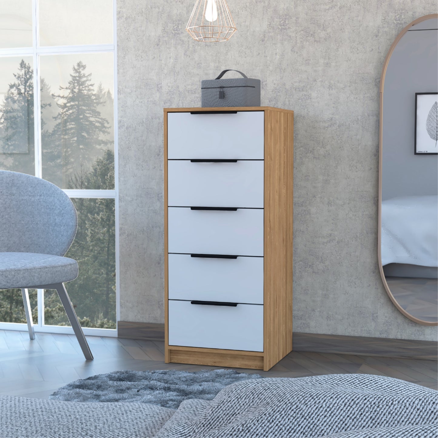 Comoda Cinco Cajones, FM Furniture 002C, Cafe Claro Y Blanco
